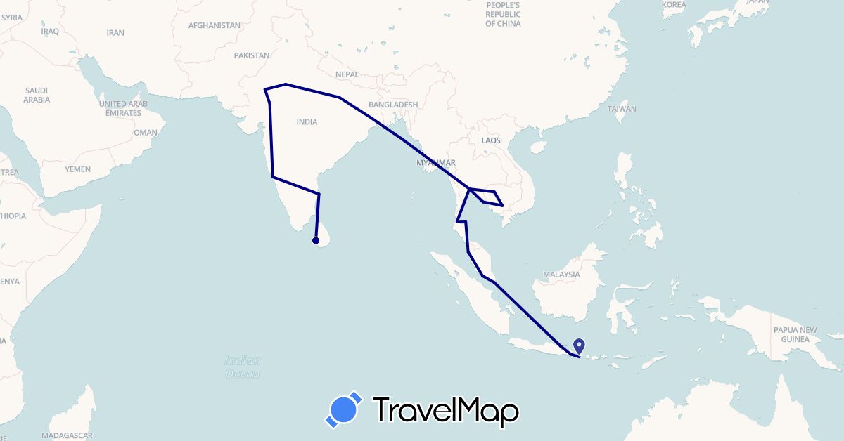 TravelMap itinerary: driving in Indonesia, India, Cambodia, Sri Lanka, Malaysia, Singapore, Thailand (Asia)