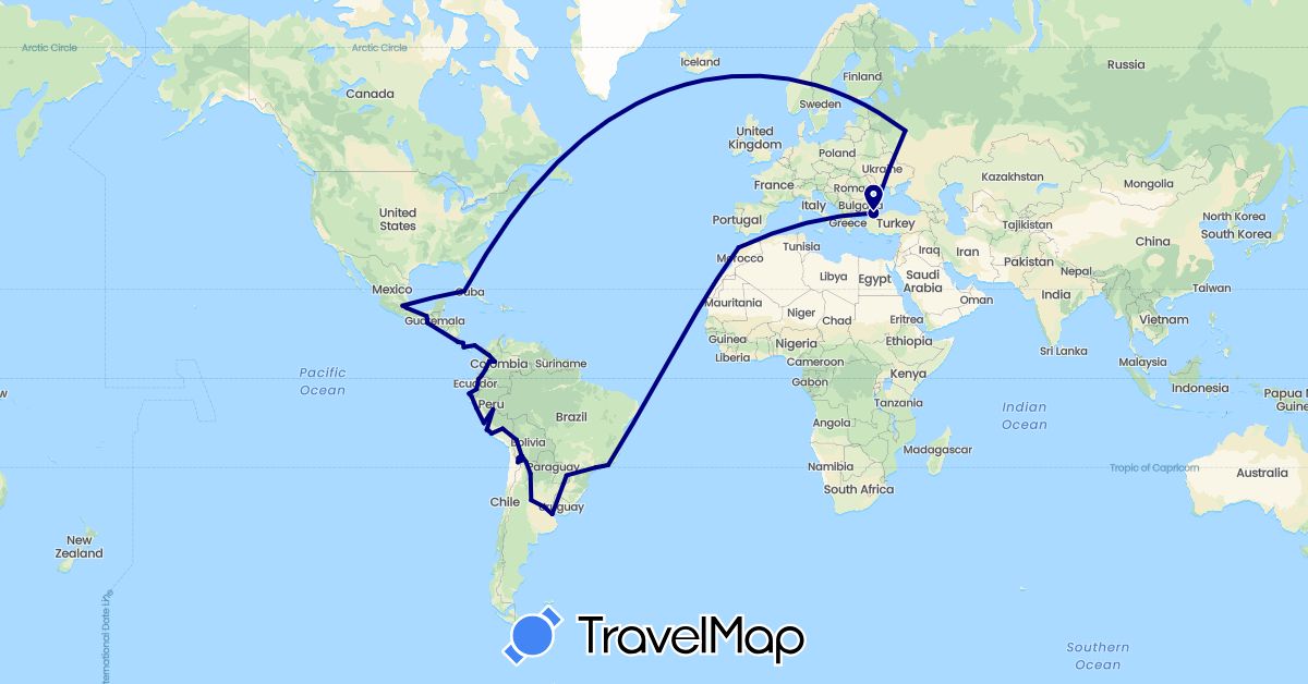TravelMap itinerary: driving in Argentina, Bolivia, Brazil, Colombia, Costa Rica, Cuba, Ecuador, Morocco, Mexico, Panama, Peru, Paraguay, Russia, Turkey (Africa, Asia, Europe, North America, South America)